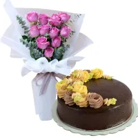 12 Pink Roses with Chocolate Message Cake By Max's