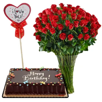 50 Red Roses in Vase w/ Chocolate Cake