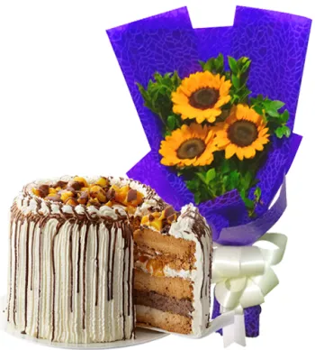 3 Pcs. Sunflower Bouquet with Contis Cake